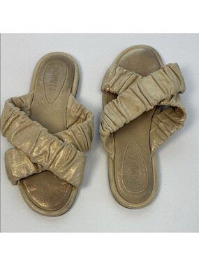 Schutz Slides Gold Stretch Crossover Flats Metallic Sandals 6.5